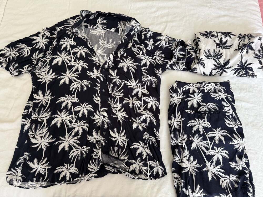 Men's Custom Made Navy and White Palm Tree Print Tropical Hawaiian Two-Piece Shi